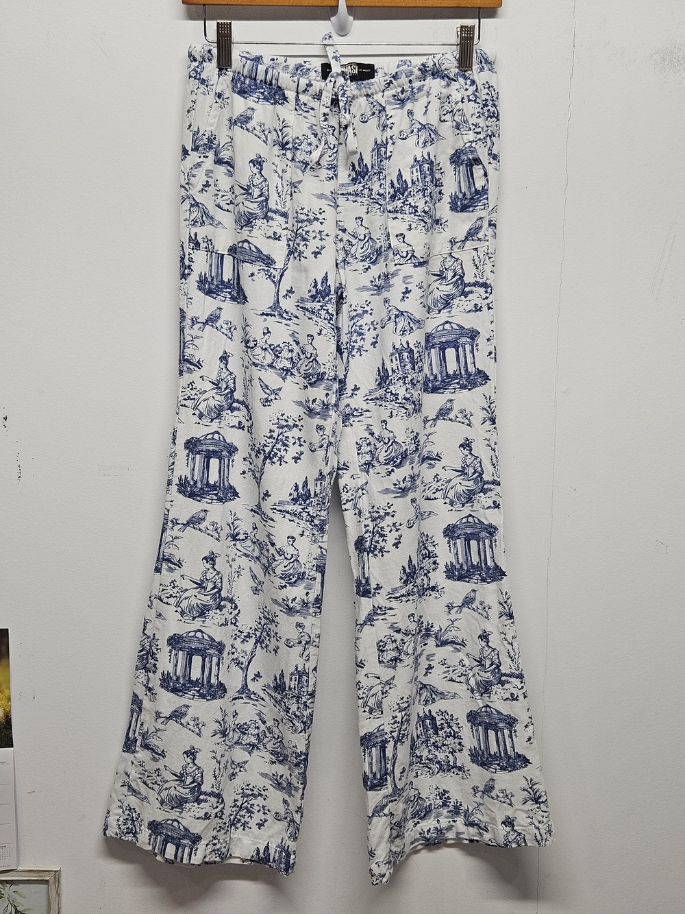 Rewash Toile de Jouy Wide Leg Flare Pants Drawstring Waist White Blue S